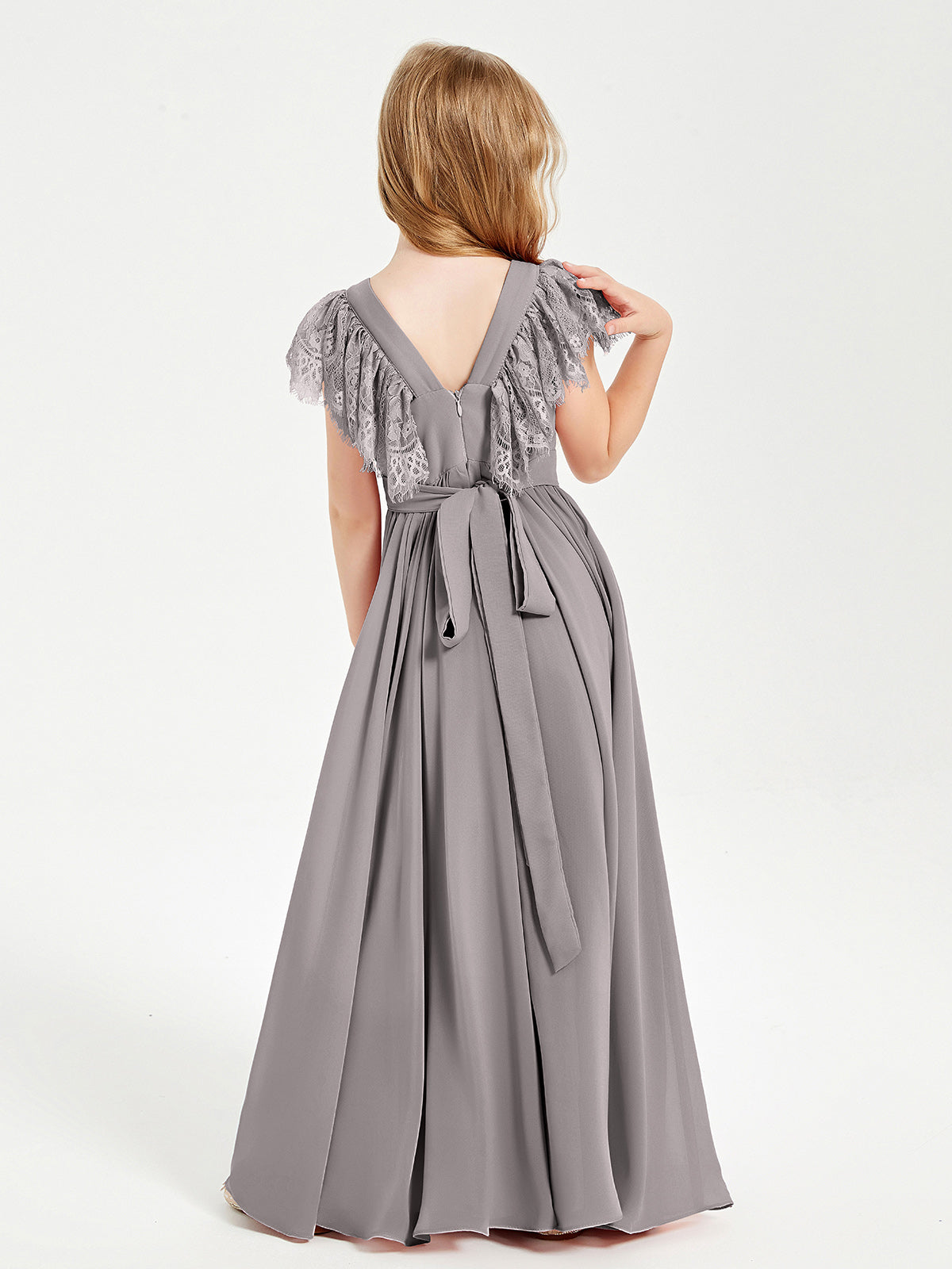 Chiffon Junior Bridesmaid Dresses with Lace Flutter Sleeves Silver